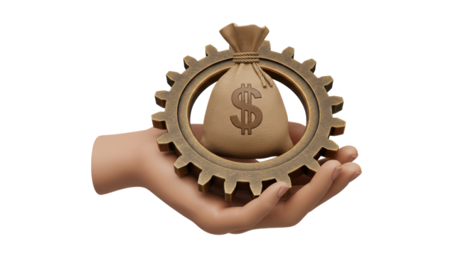Isolated Hand Holding Gear with Money Bag Inside - Powered by Adobe