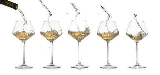 White wine splashing in glasses on white background, set