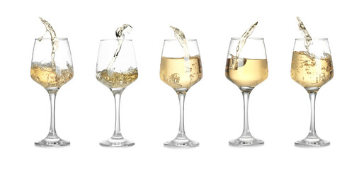 White wine splashing in glasses on white background, set