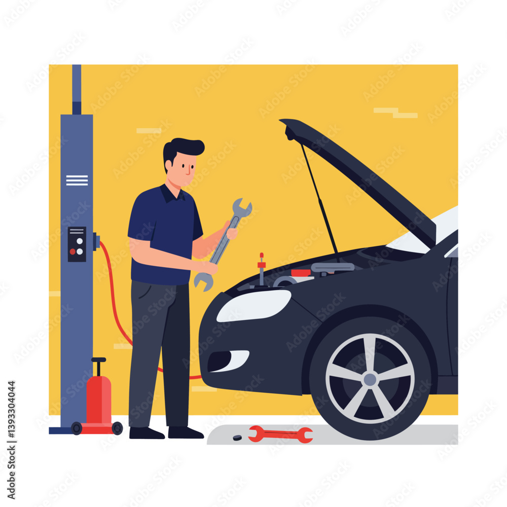 Poster car mechanic working on engine with tools in flat vector art