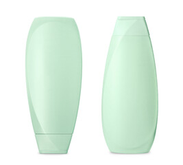 Blank bottles of personal care products isolated on white. Mockup for design