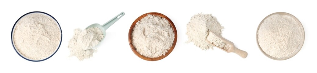 Brown rice flour isolated on white, set. Top view