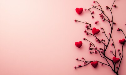 Valentines theme with a pink background, red hearts perched on branches and scattered romantically