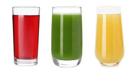 Set of different juices in glasses isolated on white