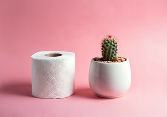 Roll of toilet paper and small cactus in white ceramic pot on pastel pink background representing humorous concept of discomfort or hemorrhoids