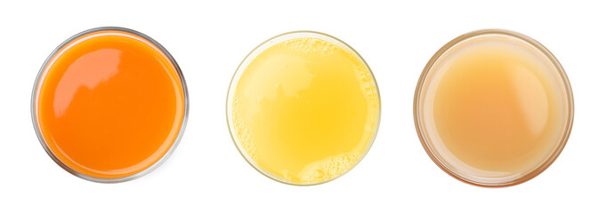 Set of different juices in glasses isolated on white, top view