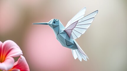 Obraz premium A Low Poly Origami Bird Hovering Near A Pink Colored Flower