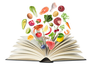 Fresh ingredients in air over recipe book on white background
