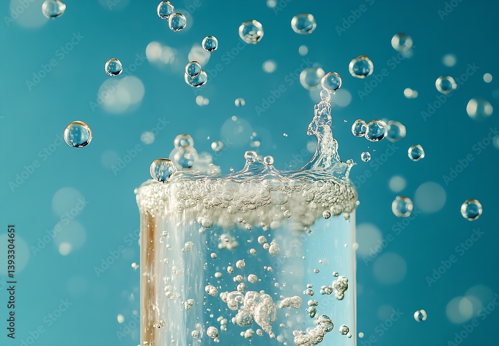 Poster clear glass of sparkling water with rising bubbles and splashes on light blue background refreshing 