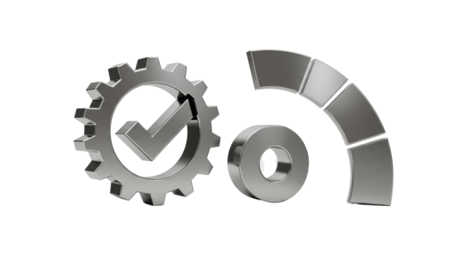 Isolated Metallic Cogwheel with Checkmark and Loading Progress Indicator