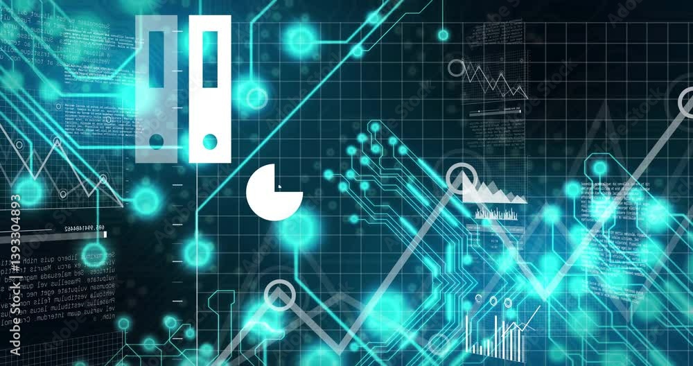 Poster in school, teacher using animation to explain digital data visualization with graphs