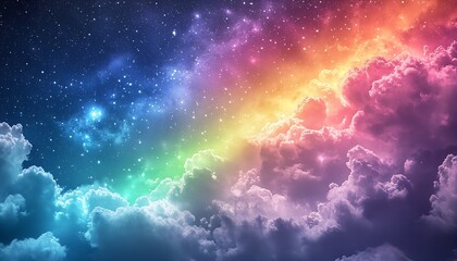 Vibrant cosmic clouds illuminated by a rainbow spectrum of colors in a starry night sky : Generative AI