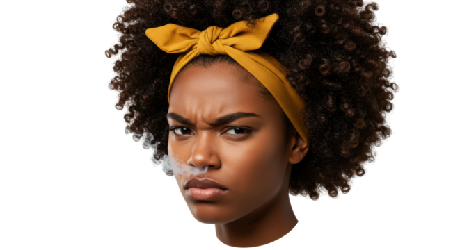 Isolated Woman with Afro and Bandana Emitting Smoke with a Displeased Expression