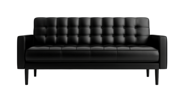 Elegant black leather couch design with button details, cut out transparent