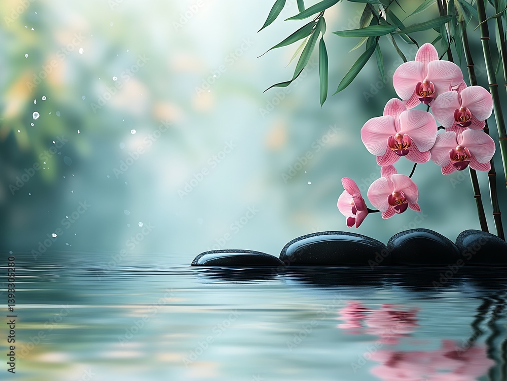 Aufkleber beautiful display of pink orchids and smooth stones on still water surface : generative ai