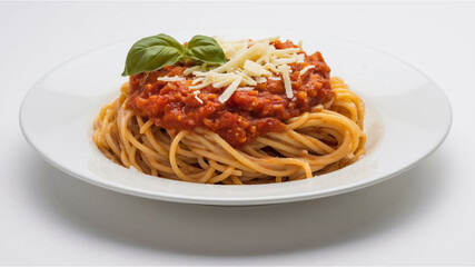 Spaghetti with Tomato Sauce: A plate of spaghetti topped with rich tomato sauce, shredded cheese, and a basil leaf, arranged in a neat circular fashion on a white plate.