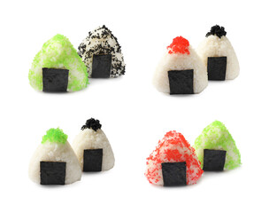 Tasty onigiri with tobiko isolated on white, set