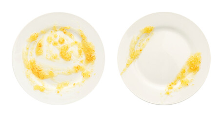 Dirty plate isolated on white, top view. Washing dish process