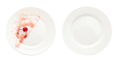 Dirty plate and clean one isolated on white, top view