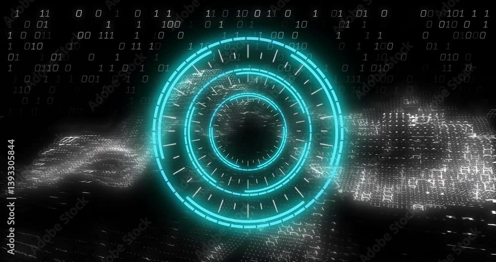Poster animation of futuristic glowing circles over binary code in digital interface