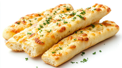 Mouthwatering cheesy breadsticks are freshly baked, golden brown, and topped with a sprinkle of green herbs. Perfect as a snack or appetizer for gatherings and celebrations