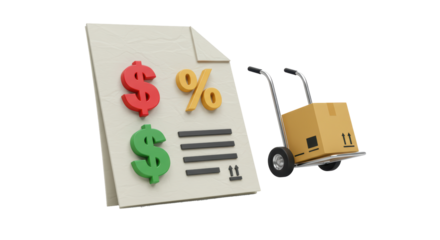 Isolated Shipping Document with Dollar Signs and Package on Hand Truck