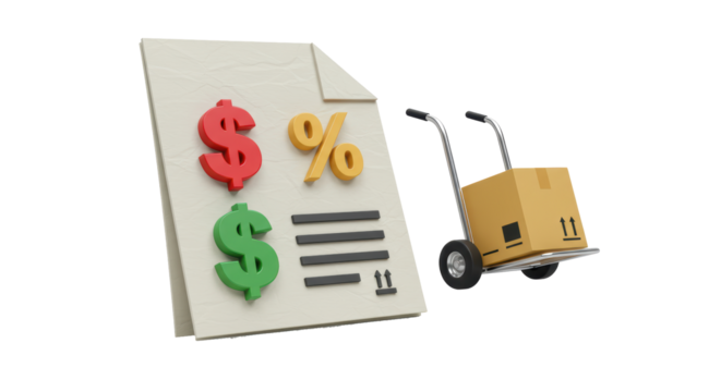 Isolated Shipping Document with Dollar Signs and Package on Hand Truck