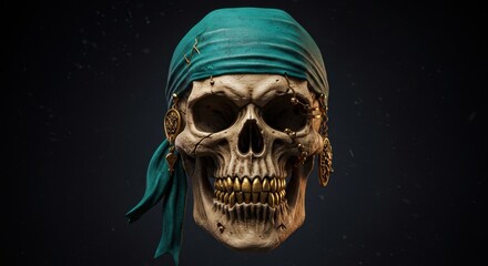 Weathered Pirate Skull with Teal Bandana and Golden Teeth