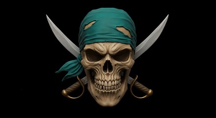 Realistic Pirate Skull with Teal Bandana