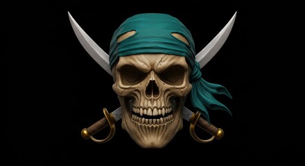 Realistic Pirate Skull with Teal Bandana