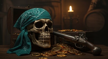 Aged Pirate Skull with Treasure Chest