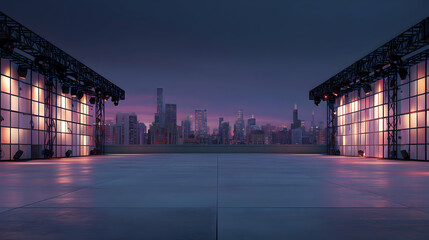 Futuristic cityscape vista showcasing architectural illumination against twilight backdrop