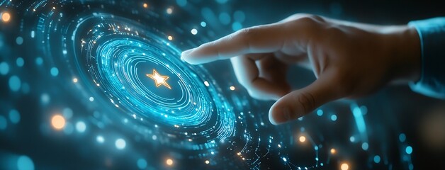 Hand Interacting with Futuristic Glowing Star Interface Digital Technology Concept Innovation and Connection Data Streams Modern : Generative AI