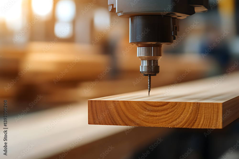 Poster woodworking machine precision. close-up of an automated cnc machine drilling into a piece of wood in