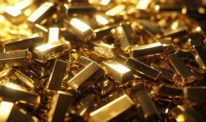 Piles of small gold bars arranged in a scattered manner, soft glowing light enhancing reflections, luxurious and detailed composition,