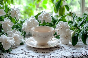 Enchanting Mother's Day table with a vintage teacup, surrounded by fresh gardenias on a lacy tablecloth, exuding a romantic vibe.