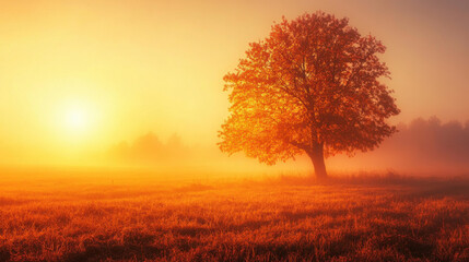 Obraz premium A vibrant golden sunrise casts warm light on a lone tree in a tranquil meadow enveloped by soft morning fog. The scene captures the beauty of early dawn and nature's serenity