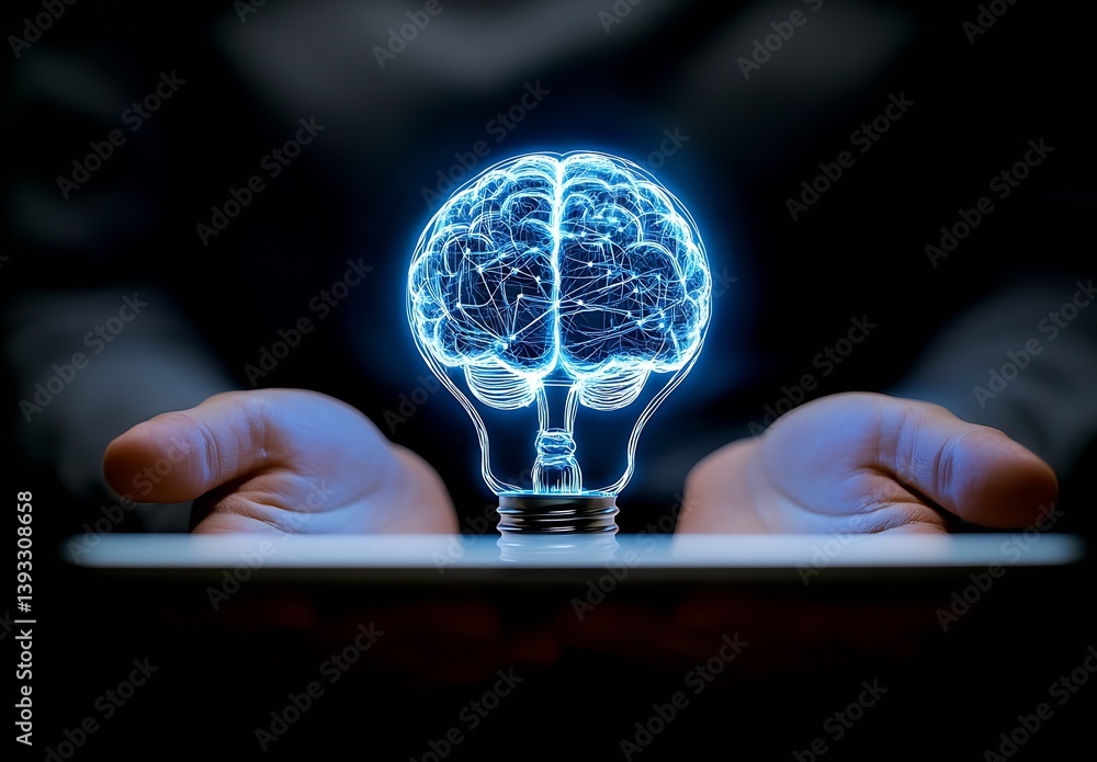 Poster creative lightbulb brain design on tablet in human hands innovation and ideas concept : generative a