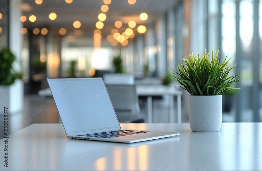 Poster minimalist office setting with laptop and potted plant on desk promoting productivity and serene wor