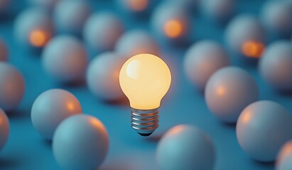 One Light Bulb Shining Among Dull Spheres Idea Generation and Creative Thinking Concept Innovation and Inspiration New Business Approach : Generative AI