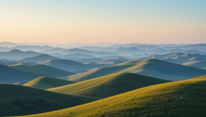 Fototapeta premium Serene sunrise over rolling green hills nature landscape tranquil environment panoramic view peaceful concept
