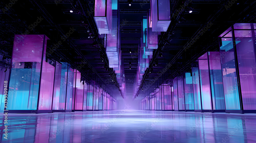Poster ethereal corridor with gradient colored illumination and mirrored floor tiles