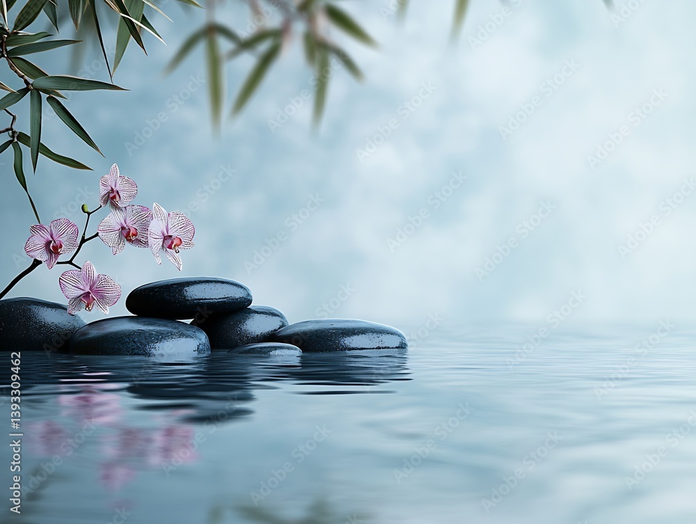 Poster tranquil zen scene featuring stones and pink orchids on calm water background : generative ai