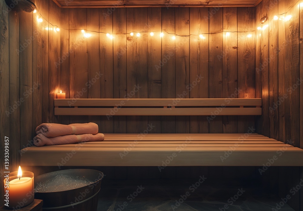 Poster charming sauna environment lit with string lights featuring rolled towels and a vintage bucket for u