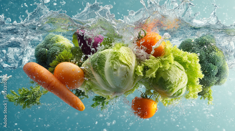 Poster assorted fresh vegetables splashing in clear water creating a refreshing and vibrant display of heal