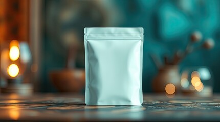A blank pouch is standing on a wooden surface indoors