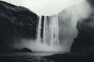 The Majestic Waterfall Cascading Down Cliffs Amidst Misty Conditions
