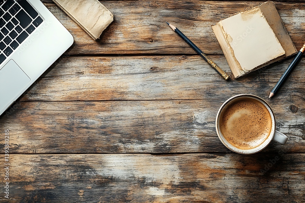 Poster cozy workspace setup with coffee laptop and notebook on rustic wood surface study and inspiration : 
