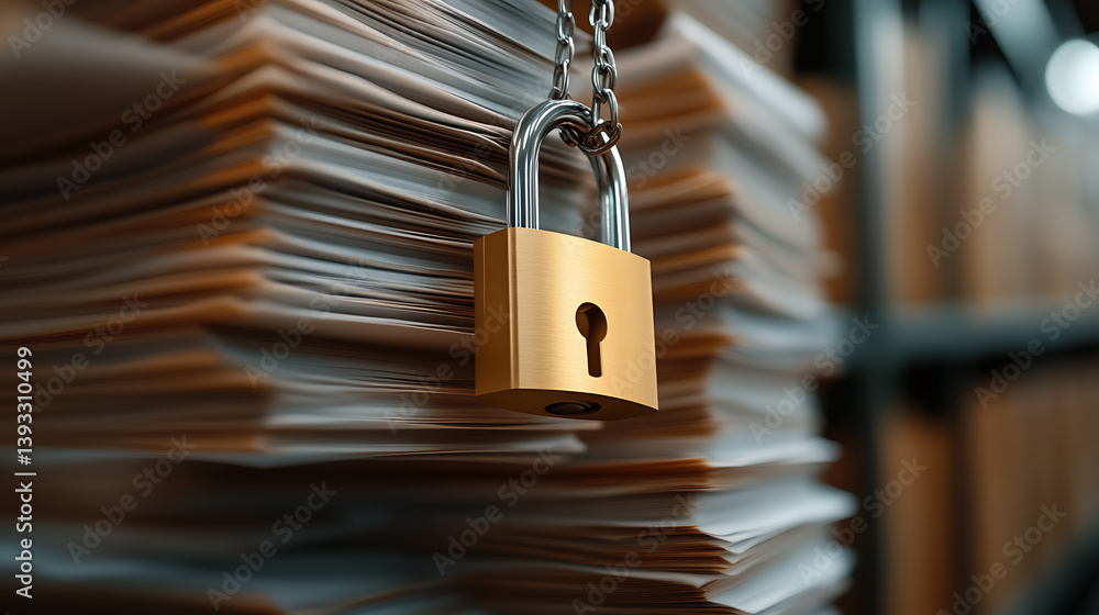 Poster secure documents: a gold padlock hangs on a metal chain in front of a stack of papers. protection of