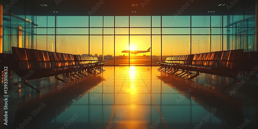 Poster airport waiting area at sunset airplane on runway flight travel destination terminal view empty seat